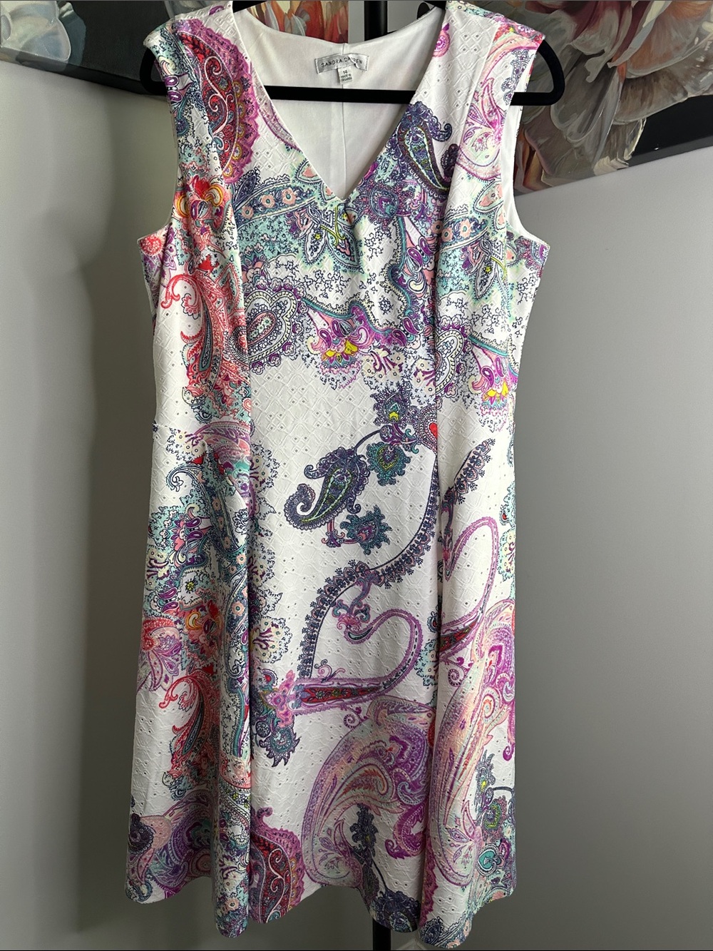 Sandra Darren White Paisley A-Line Dress with Pink, Purple & Teal Accents